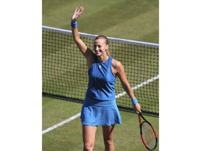 Czech Republic's Petra Kvitova celebrates winning her quarter final tennis match against Germany's Julia Goerges during day five of the Nature Valley Classic at Edgbaston Priory, Birmingham, England, Friday June 22, 2018.