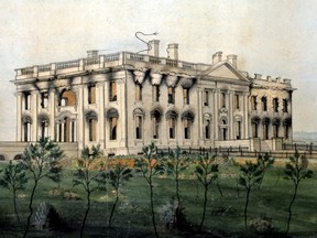 A contemporary illustration of the presidential mansion after it was burned by British troops in 1814.