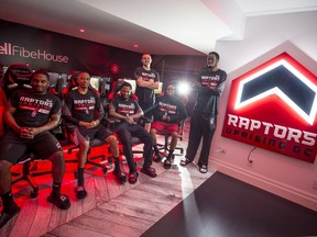 Raptors Uprising GC Seanquai Harris, left to right, Joshua McKenna, Kenneth Hailey, Christopher Doyle, Trevion Hendrix, and Yusuf Abdulla pose for a photo at their Bell Fibe House in Toronto on Thursday, June 21, 2018.