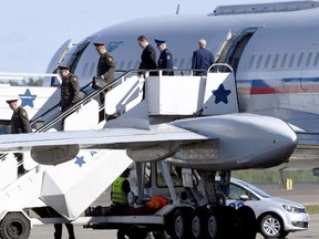 Russian delegation arrive at the Helsinki-Vantaa Airport, in Finland, Friday, June 8, 2018.  The Finnish Defense Forces says a top U.S. military chief will meet his Russian counterpart in Helsinki to discuss "current issues between the countries."