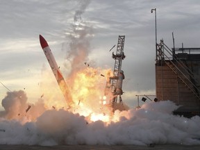A Japan's privately developed rocket, MOMO-2, is in flames after the rocket failed to liftoff in Taiki, northern island of Hokkaido, Japan, Saturday, June 30, 2018. According to Kyodo News, the launch failed Saturday, as the rocket crashed to the ground and burst into flames seconds after liftoff, its developer said.