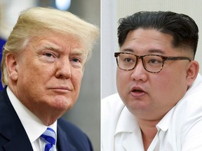 FILE- This combination of file photos show U.S. President Donald Trump, left, in the Oval Office of the White House in Washington on May 16, 2018, and North Korean leader Kim Jong Un during a meeting of the 7th central military commission at an undisclosed place in North Korea, in the photo provided on May 18, 2018. There will be a lot of spin going on when Trump emerges from his summit in Singapore with Kim Jong Un on Tuesday, June 12, 2018.