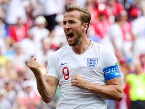 England forward Harry Kane celebrates after scoring his team's fifth goal in a 6-1 win over Panama at the World Cup on June 24.
