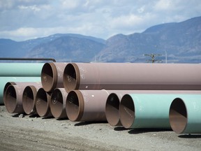 Pipes are seen at the pipe yard at the Trans Mountain facility in Kamloops, B.C., Monday, March 27, 2017.