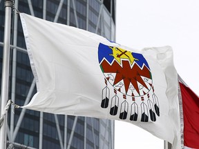 A Treaty 7 flag flies outside Calgary City Hall on March 23, 2017, after its official flag raising.