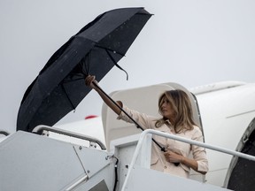 First lady Melania Trump arrives at McAllen Miller International Airport in McAllen, Texas, Thursday, June 21, 2018, to visit the Ursula Border Patrol Processing Center and the Upbring New Hope Children Center run by the Lutheran Social Services of the South.