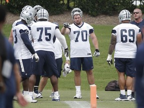 Dallas Cowboys offensive guard Zack Martin (70) participates in a practice at the NFL football team's training camp in Frisco, Texas, Tuesday, June 12, 2018.