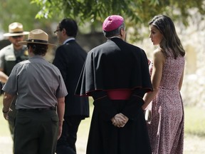 Queen Letizia of Spain, right, visits Mission San Jose, Sunday, June 17, 2018, in San Antonio. The visit to San Antonio helps celebrate the city's 300th anniversary and also commemorates the Spanish roots of the city.