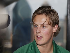 Adam Boqvist, of Sweden, talks to the media in Dallas, Thursday, June 21, 2018. The NHL hockey draft takes place Friday and Saturday in Dallas.