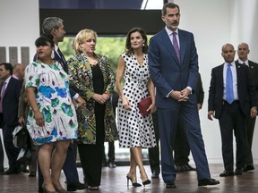 King Felipe the VI, right foreground, and Queen Letizia of Spain visit the San Antonio Museum of Art, Monday, June 18, 2018, in San Antonio. San Antonio Mayor Ron Nirenberg, second from left foreground, and wife Erika Prosper Nirenberg, left foreground, accompany the royals.