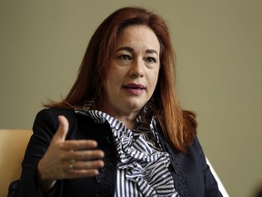 Ecuador's Foreign Minister Maria Fernanda Espinosa is interviewed at United Nations headquarters, Monday, June 4, 2018. Espinosa  said on Monday that there is no set date for WikiLeaks founder Julian Assange to regain access to the internet in the Ecuadorean Embassy in London where he has taken shelter since 2012. Ecuador's government cut off Assange's internet connection in March after he made social media posts decrying the arrest of a Catalan separatist politician.