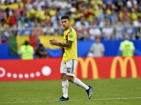 Colombia's James Rodriguez leaves the pitch during the group H match between Senegal and Colombia, at the 2018 soccer World Cup in the Samara Arena in Samara, Russia, Thursday, June 28, 2018.