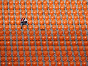 An Egyptian fan seats after the end of the group A match between Egypt and Uruguay at the 2018 soccer World Cup in the Yekaterinburg Arena in Yekaterinburg, Russia, Friday, June 15, 2018.