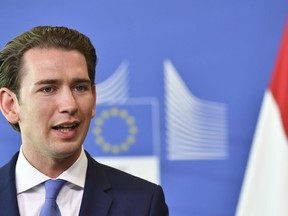 Austrian Chancellor Sebastian Kurz speaks during a media conference at EU headquarters in Brussels, Wednesday, June 6, 2018.