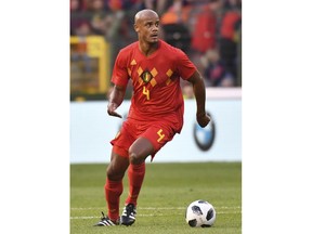 Belgium's Vincent Kompany kicks the ball during a friendly soccer match between Belgium and Portugal at the King Baudouin stadium in Brussels, Saturday, June 2, 2018.