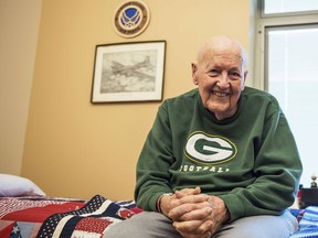 In this June 20, 2018 photo, World War II veteran Max Bergen, whol will receive a long-overdue Purple Heart, poses at the Wisconsin Veterans Home at Chippewa Falls, Wis. Bergen was injured when shot down over Germany in 1944. He spent the rest of World War II in a prison camp.