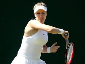Eugenie Bouchard returns a shot during her match against Karolina Muchova on Day 3 of Wimbledon qualiifying on June 27, 2018.