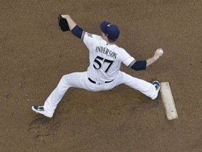 Milwaukee Brewers starting pitcher Chase Anderson throws during the first inning of a baseball game against the Chicago Cubs Tuesday, June 12, 2018, in Milwaukee.