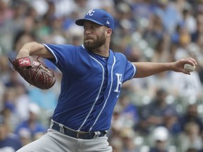 Kansas City Royals starting pitcher Danny Duffy throws during the first inning of a baseball game against the Milwaukee Brewers Wednesday, June 27, 2018, in Milwaukee.