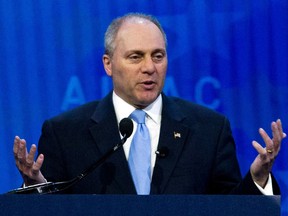FILE - In this March 6, 2018, file photo, House Republican Whip Steve Scalise speaks at the 2018 American Israel Public Affairs Committee (AIPAC) policy conference in Washington. In the year since Scalise and others were wounded during a shooting rampage at a congressional baseball practice, mass shootings have occurred at a Texas church, a Las Vegas music festival and schools in Florida and Texas. Each incident is jarring, but GOP lawmakers say their views on gun control have not changed.