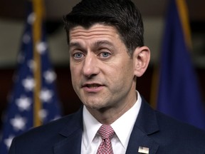 In this May 10, 2018 photo, Speaker of the House Paul Ryan, R-Wis., meets with reporters during his weekly news conference on Capitol Hill in Washington.  Ryan is agreeing with another senior House Republican who says there's no evidence that the FBI planted a "spy" on President Donald Trump's 2016 campaign. The comments contradict Trump, who has insisted the agency planted a "spy for political reasons and to help Crooked Hillary win."