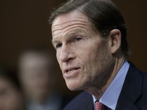 FILE - In this April 3, 2017 file photo, Sen. Richard Blumenthal, D-Conn. speaks on Capitol Hill in Washington.  Lawyers representing nearly 200 Democrats in Congress plan to argue in federal court Thursday that President Donald Trump is violating the Constitution by accepting foreign government favors such as Chinese trademarks without first seeking congressional approval.