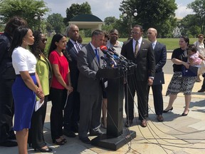 Rep. Darren Sota, D-Fla., speaks during a news conference on Capitol Hill with Rev. Al Sharpton and social justice leaders to call on the Trump administration in conjunction with the U.S. Attorney General Session to stop separating children from their families at the U.S. border, Tuesday, June 19, 2018, in Washington.