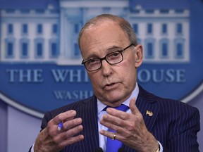 Inn this June 6, 2018, photo, Senior White House economic adviser Larry Kudlow speaks during a briefing at the White House in Washington.