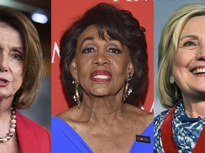 These 2018 file photos show from left, House Minority Leader Nancy Pelosi, D-Calif., Rep. Maxine Waters, D-Calif., and Hillary Clinton. President Donald Trump, the face of the Republican Party, is trying to define the Democrats' signature look for them. In fewer than 50 words, he tweeted June 26 that the three outspoken Democratic women in their 70s are "the face of the Democrats." (AP Photo/File
