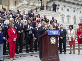 Rep. Luis Gutierrez, D-Ill., speaks as he is joined by House Democratic Leader Nancy Pelosi of California, second from left, and other House Democrats calling for passage of the Keep Families Together Act, legislation to end the Trump Administration's policy of separating families at the US-Mexico border, at the Capitol in Washington, Wednesday, June 20, 2018. As the White House struggles to move past another self-imposed crisis, Democrats are fighting to ensure this one isn't quickly forgotten.