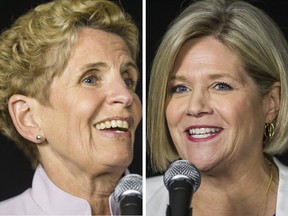 Liberals’ Kathleen Wynne, left, and NDP’s Andrea Horwath are in favour of keeping the carbon tax.