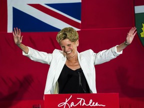 Former Ontario Premier Kathleen Wynne celebrates her political career after announcing to supporters that she is stepping away from her Liberal seat during her election night party at York Mills Gallery in Toronto on Thursday, June 7, 2018.