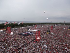 Supporters of Muharrem Ince, presidential candidate of Turkey's main opposition Republic People's Party, attend an election rally in Istanbul, Saturday, June 23, 2018. Turkish voters will vote Sunday, June 24, in a historic double election for the presidency and parliament.