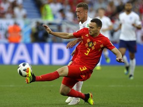 England's Jamie Vardy vies for the ball with Belgium's Thomas Vermaelen, right, during the group G match between England and Belgium at the 2018 soccer World Cup in the Kaliningrad Stadium in Kaliningrad, Russia, Thursday, June 28, 2018.