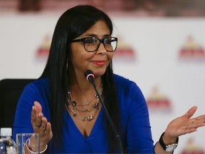 FILE- In this Aug. 28, 2017 file photo, Delcy Rodriguez, then president of the Constitutional Assembly, gives a press conference in Caracas, Venezuela. Venezuelan President Nicolas Maduro has named Rodriguez, on Thursday, June 14, 2018,  as the country's new Vice President, replacing Tareck El Aissami, who will assume a new role as the government's top economic policy maker.
