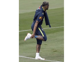 Brazil's Neymar attends a training session in Sochi, Russia, Tuesday, June 19, 2018. Brazil will face Costa Rica on June 22 in the group E for the soccer World Cup.