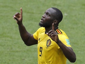 Belgium's Romelu Lukaku celebrates after scoring his side's third goal against Tunisia during the group G match between Belgium and Tunisia at the 2018 soccer World Cup in the Spartak Stadium in Moscow, Russia, Saturday, June 23, 2018.
