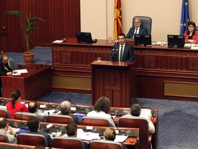 Macedonian Prime Minister Zoran Zeav speaks during a session for the ratification of the deal with Greece, in the parliament in Skopje, Macedonia, Wednesday, June 20, 2018. Macedonian parliament is debating on a plenary session a law on ratifying a deal with Greece, signed with an aim to end a decades-long spat over the Macedonia's name.