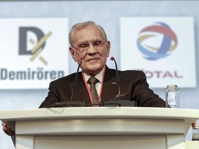 FILE - In this June 3, 2016 file photo, Turkish businessman Erdogan Demiroren speaks during a meeting of his business group in Istanbul. Demiroren, who recently acquired Turkey's largest media group, has died at age 79. Istanbul's Florence Nightingale Hospital said Demiroren died Friday, June 8, 2018 of respiratory failure. He had been receiving treatment at the hospital since May 31. .In April, his business group purchased Dogan Media, which includes the Hurriyet newspaper, the mass-circulation daily Posta, and the CNN-Turk and Kanal D television channels. (AP Photo, File)