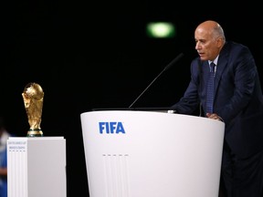 Head of the Palestinian Football Association Jibril Rajoub speaks at the FIFA congress on the eve of the opener of the 2018 soccer World Cup in Moscow, Russia, Wednesday, June 13, 2018. The congress in Moscow is set to choose the host or hosts for the 2026 World Cup.