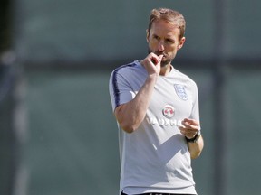 England head coach Gareth Southgate attends England's official training in Zelenogorsk near St. Petersburg, Russia, Saturday, June 23, 2018 on the eve of the group G match between Panama and England at the 2018 soccer World Cup.
