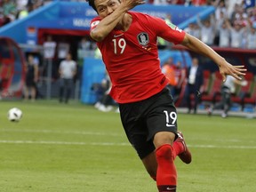 South Korea's Kim Young-gwon celebrates scoring his sides first goal during the group F match between South Korea and Germany, at the 2018 soccer World Cup in the Kazan Arena in Kazan, Russia, Wednesday, June 27, 2018.
