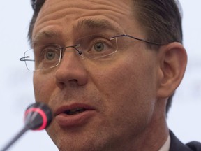 European Commission Vice President Jyrki Katainen speaks during a press conference in Beijing, China, Monday, June 25, 2018. The vice president of the European Union's governing body says Europe and China will form a group aimed at updating global trade rules to address technology policy, subsidies and other emerging complaints in a bid to preserve support for international commerce.