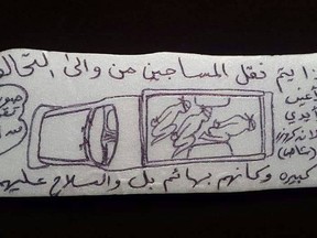 This undated photo obtained by The Associated Press shows a drawing of prisoners being transported in a pickup truck to an Emirati-run prison in Yemen. The Arabic reads: "This is how they transport the prisoners from and to the coalition. Blindfolded and handcuffed in the back of a Land Cruiser pickup in large numbers as if they are animals and under gunpoint." (AP Photo)