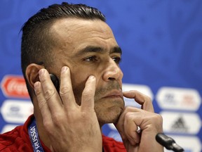 Egypt captain Essam El Hadary listens to a question during a press conference on the eve of the group A match between Egypt and Uruguay at the 2018 soccer World Cup in the Yekaterinburg Arena, Yekaterinburg, Russia, Thursday, June 14, 2018.