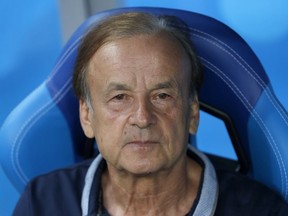 Nigeria coach Germany's Gernot Rohr waits for the start of the group D match between Nigeria and Iceland at the 2018 soccer World Cup in the Volgograd Arena in Volgograd, Russia, Friday, June 22, 2018.