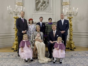 In this October 20 2007 photo, released by the Secretariat Royal House Division of the Netherlands, Queen Maxima poses with Princess Ariane on her lap, beside King Willem-Alexander, center right, and their daughters Princess of Orange Catharina-Amalia, bottom left, and Princess Alexia, bottom right, on the top row from left, Tijo Baron Collot d'Escury, the Queen's sister Ines Zorreguieta, Hereditary Grand Duke Guillaume of Luxembourg, Valeria Delger and Antoine Friling, pose for a family picture taken on the baptism Princess Ariane of in The Hague, Netherlands. Argentine officials say the youngest sister of Queen Maxima of Holland,  Ines Zorreguieta, has been found dead Thursday, June 7, 2018, in her Buenos Aires apartment.