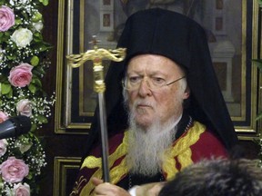 Ecumenical Patriarch Bartholomew takes part in a service at the church of saint Nicholas in the island of Spetses, Greece, on Wednesday, June 6, 2018. The spiritual leader of the world's Orthodox Christians has arrived on the Greek island of Spetses to host an environmental conference to seek backing from other religious leaders in a global campaign to take action against climate change.