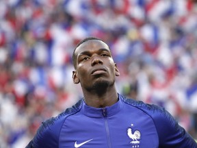 France's Paul Pogba looks on ahead of the friendly soccer match between France and USA at the Groupama stadium in Decines, near Lyon, central France, Saturday, June 9, 2018.
