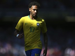 Brazil's Neymar during the friendly soccer match between Brazil and Croatia at Anfield Stadium in Liverpool, England, Sunday, June 3, 2018.
